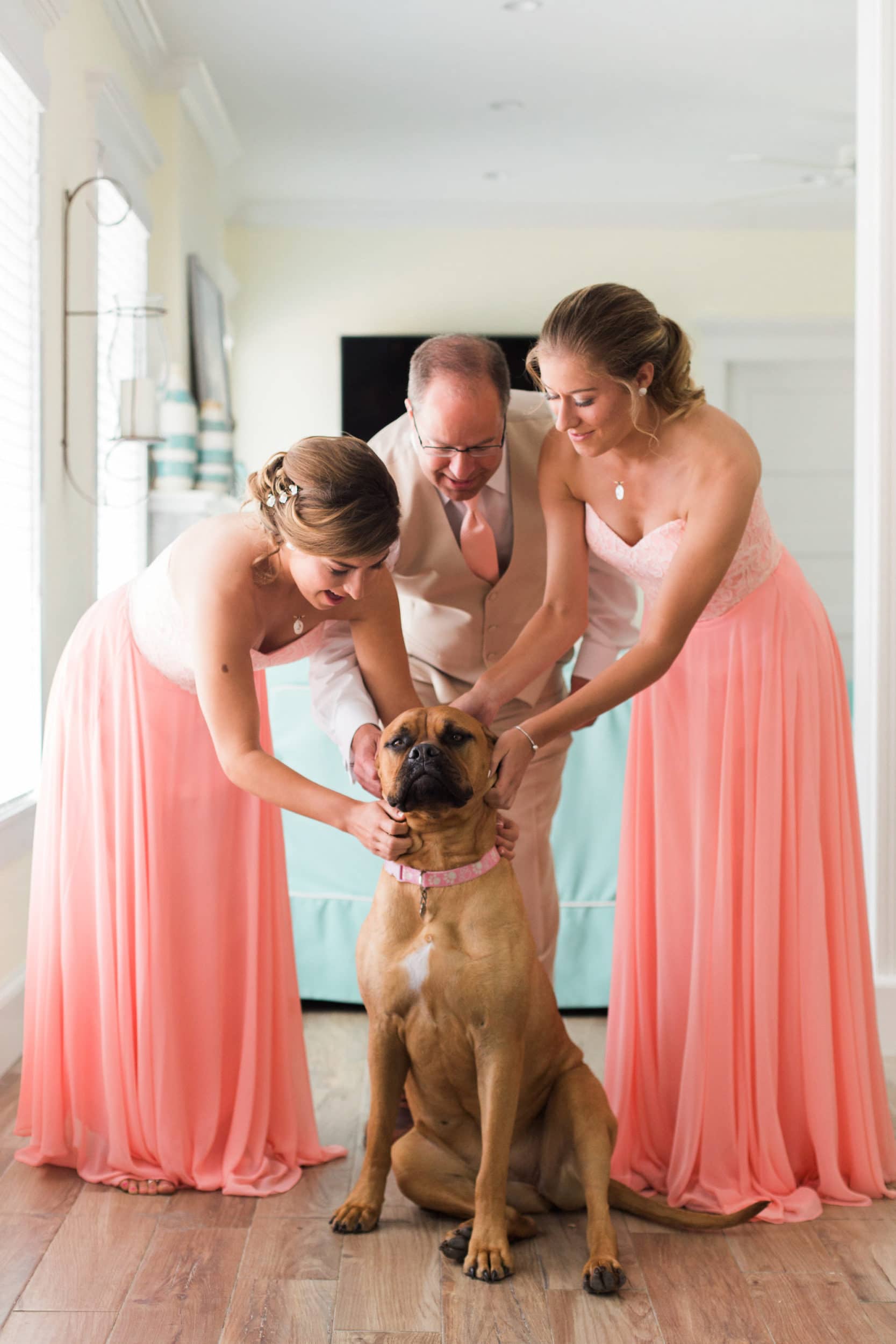groom and bridesmaid daughters petting dog