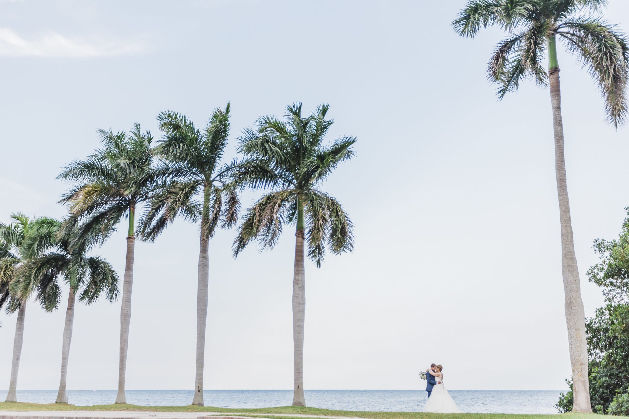 bride with white dress with groom in navy with large palm trees and ocean water at deering estate wedding