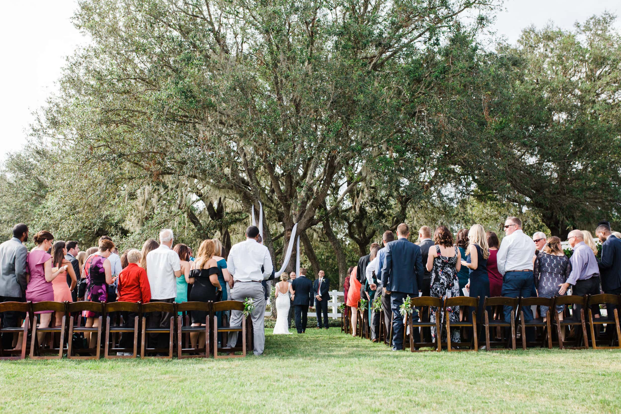 wide view of ceremony space underneath oak tree during bramble tree estate wedding